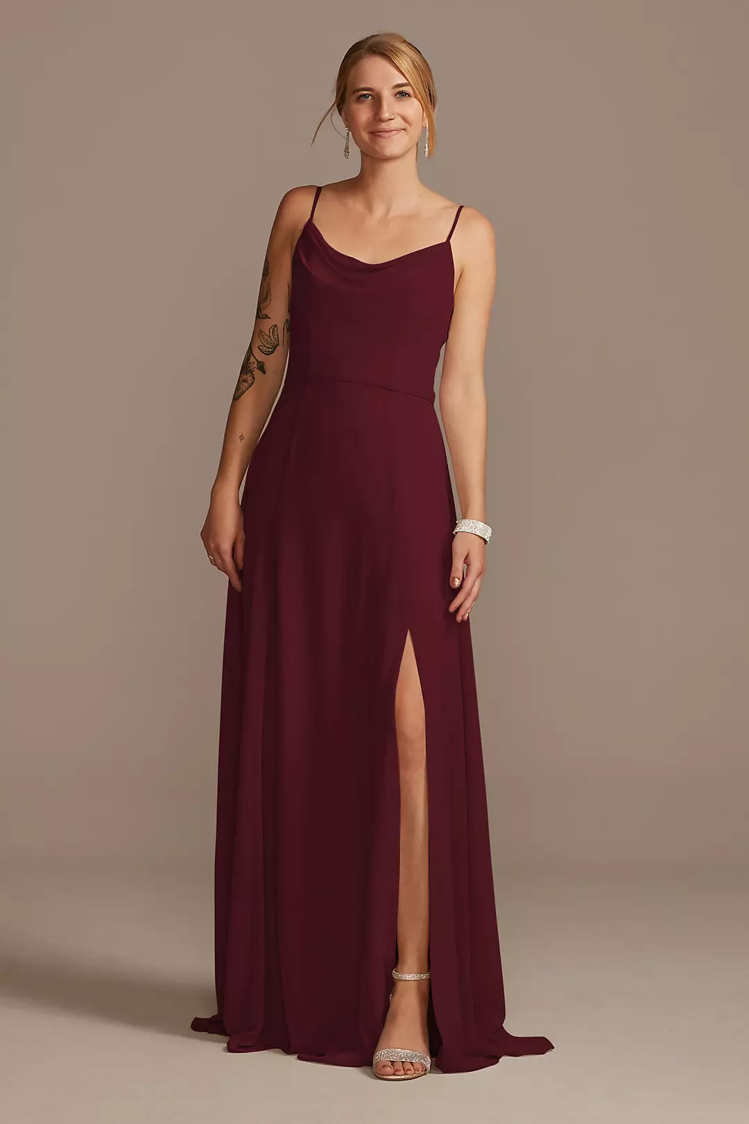 Cowl Neck Chiffon Dress with Slit Dress - XNAUWBI