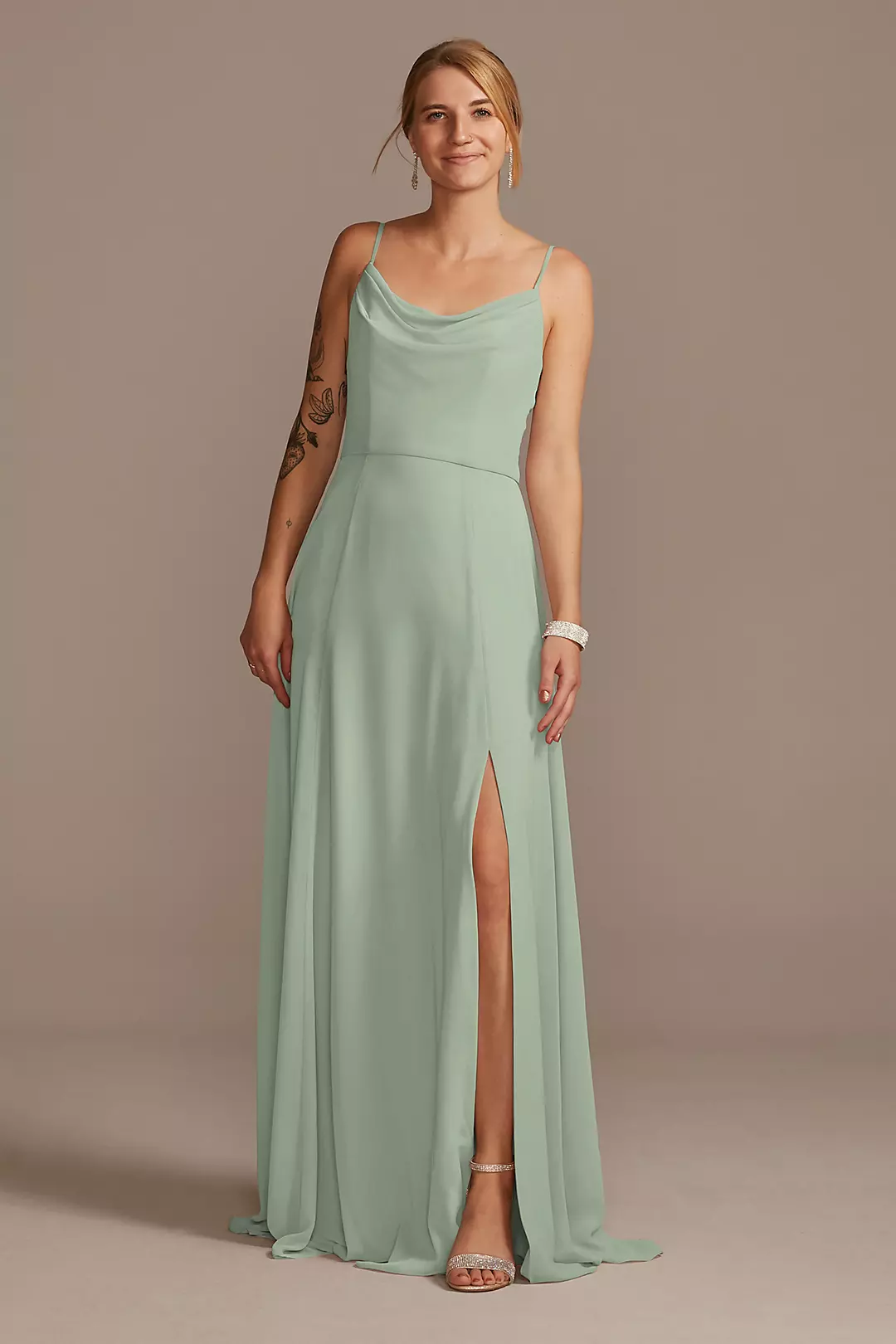 Cowl Neck Chiffon Dress with Slit Dress - XNAUWBI