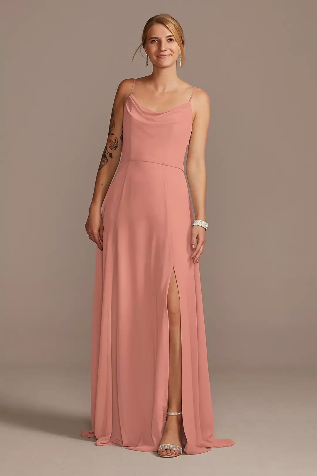 Cowl Neck Chiffon Dress with Slit Dress - XNAUWBI