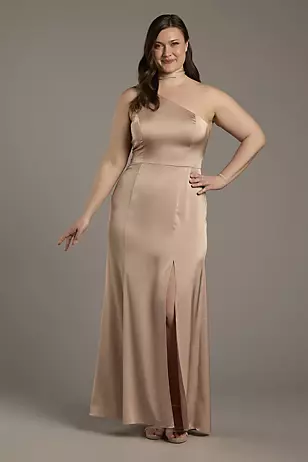 Matte Satin One-Shoulder A-Line Dress with Scarf Dress - XNAUWBI