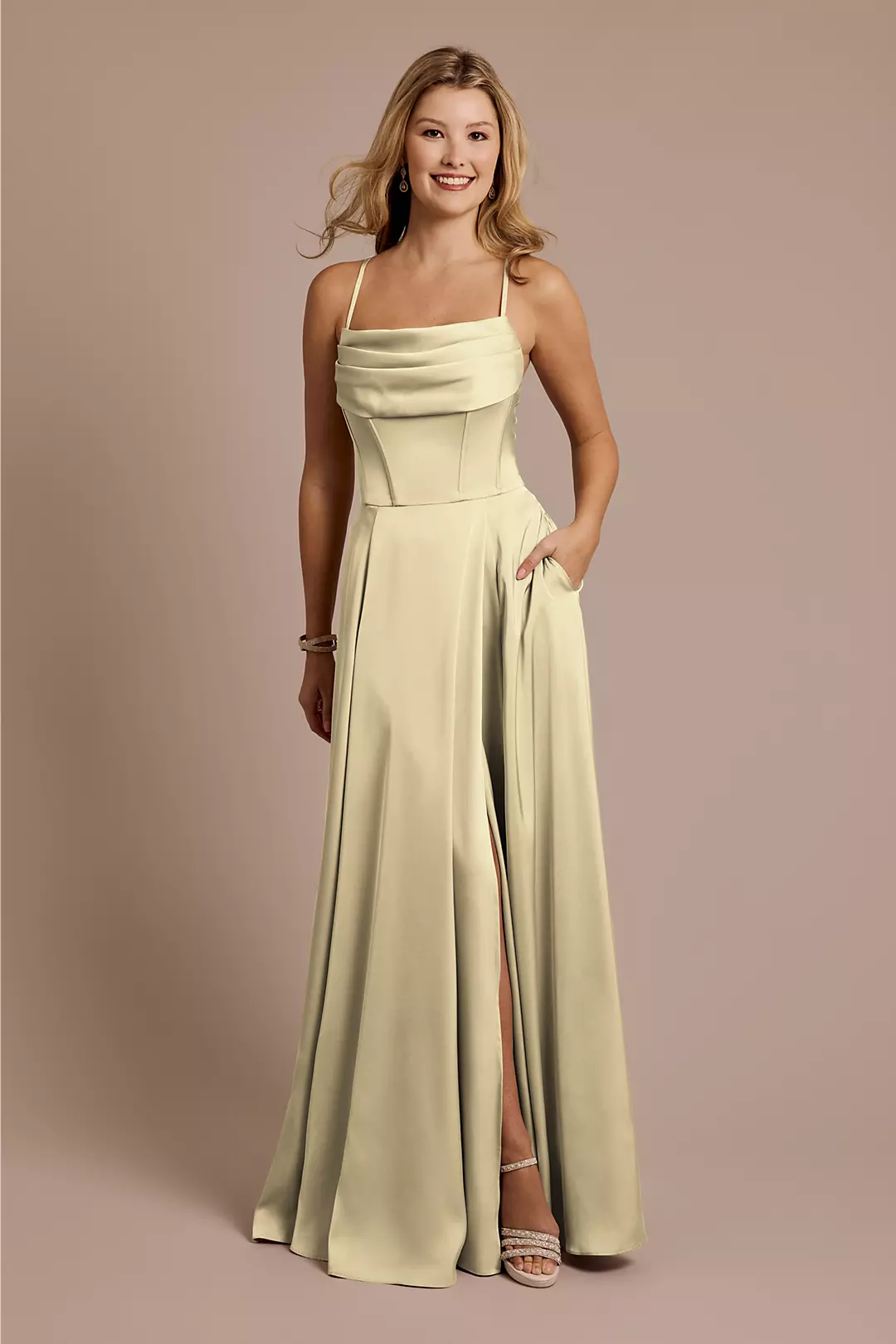 Matte Satin Cowl Neck Spaghetti Strap A-Line Dresses - XNAUWBI