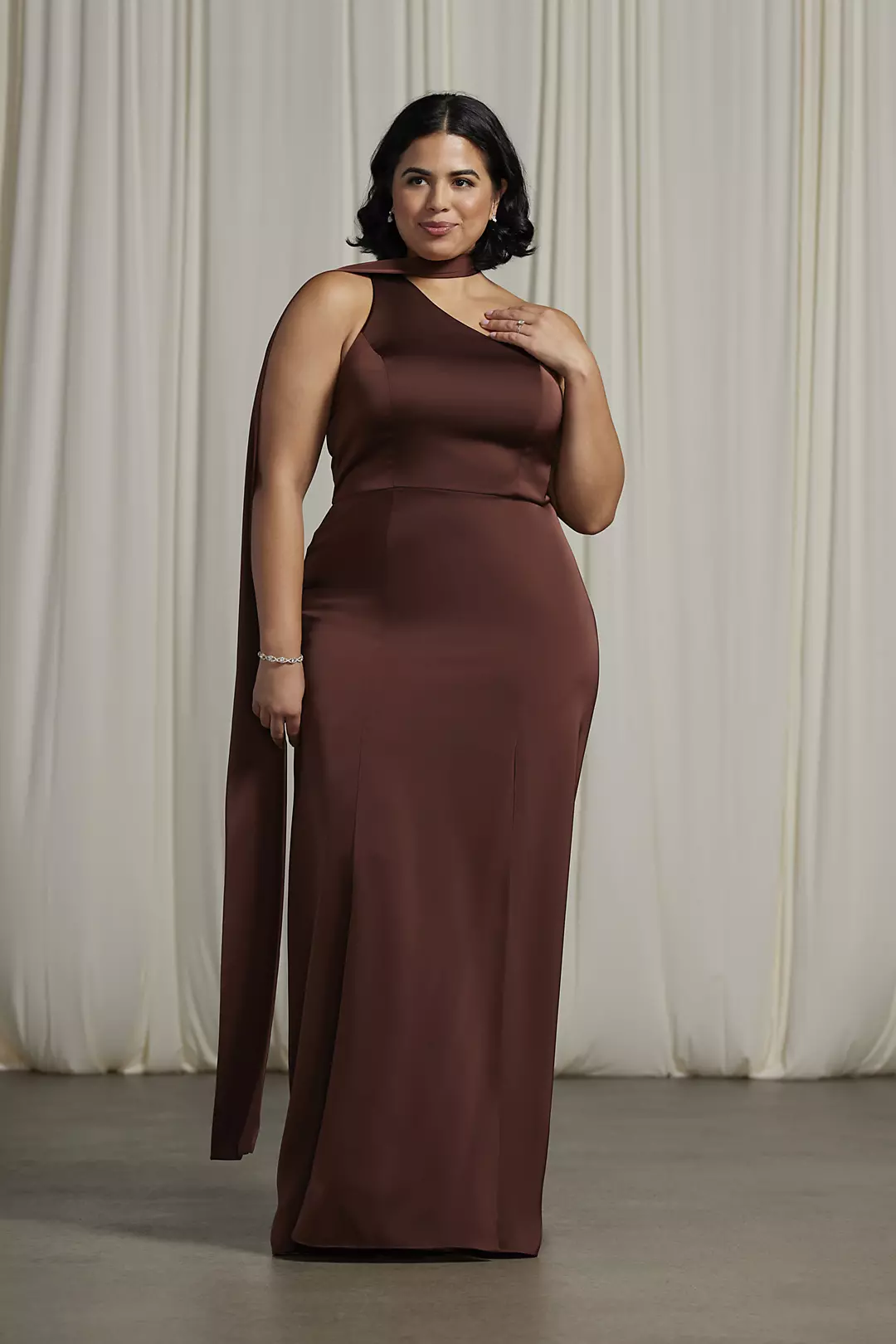 Matte Satin One-Shoulder A-Line Dress with Scarf Dress - XNAUWBI