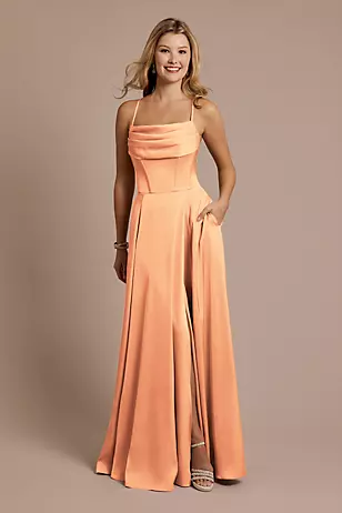 Matte Satin Cowl Neck Spaghetti Strap A-Line Dresses - XNAUWBI