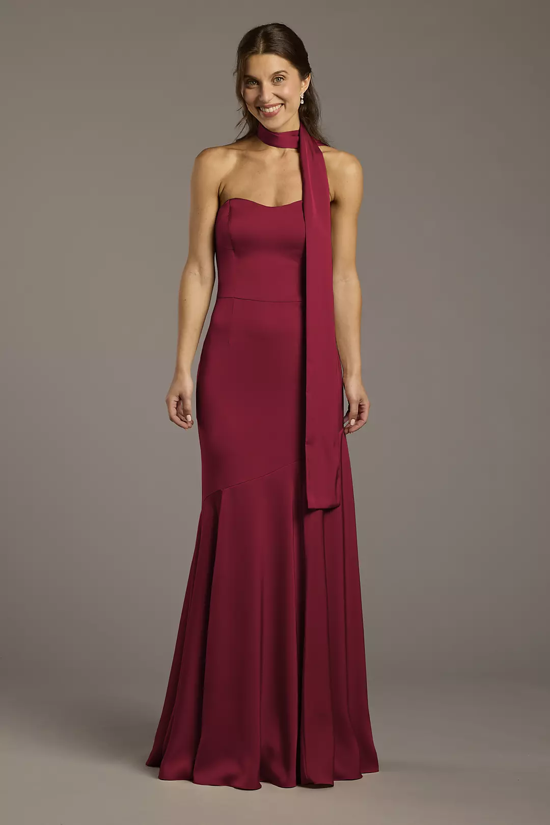 Matte Satin Strapless Sweetheart Dress with Scarf Dress - XNAUWBI