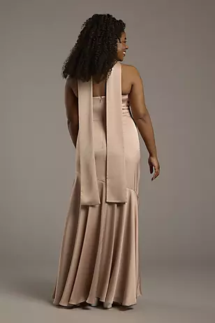Matte Satin Strapless Sweetheart Dress with Scarf Dress - XNAUWBI