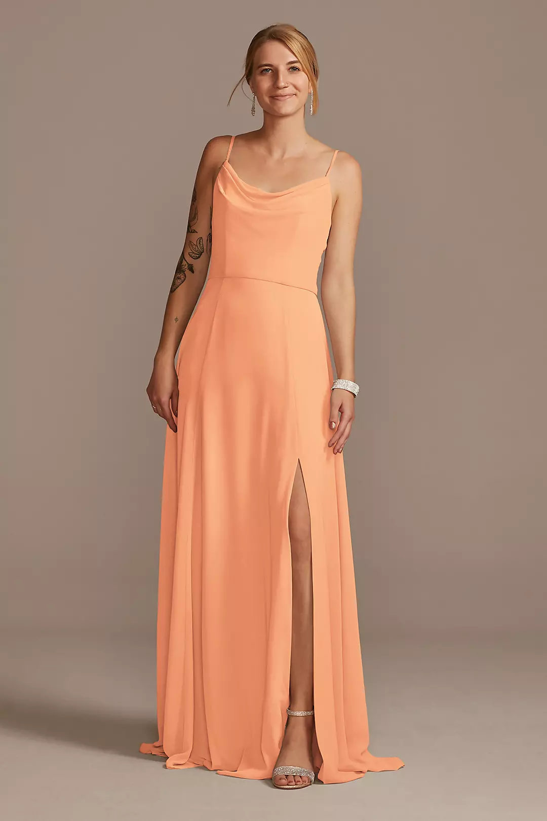 Cowl Neck Chiffon Dress with Slit Dress - XNAUWBI