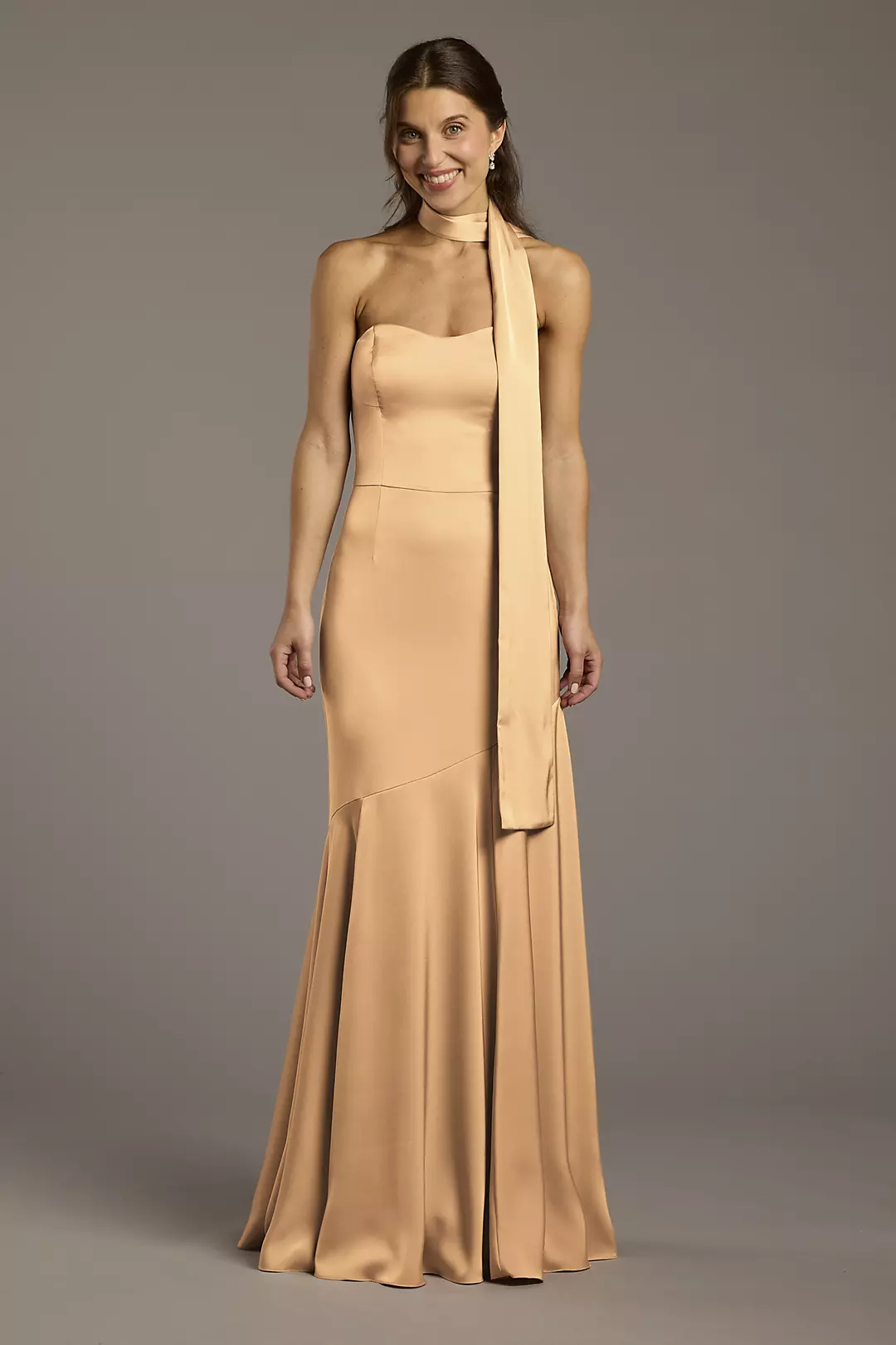 Matte Satin Strapless Sweetheart Dress with Scarf Dress - XNAUWBI