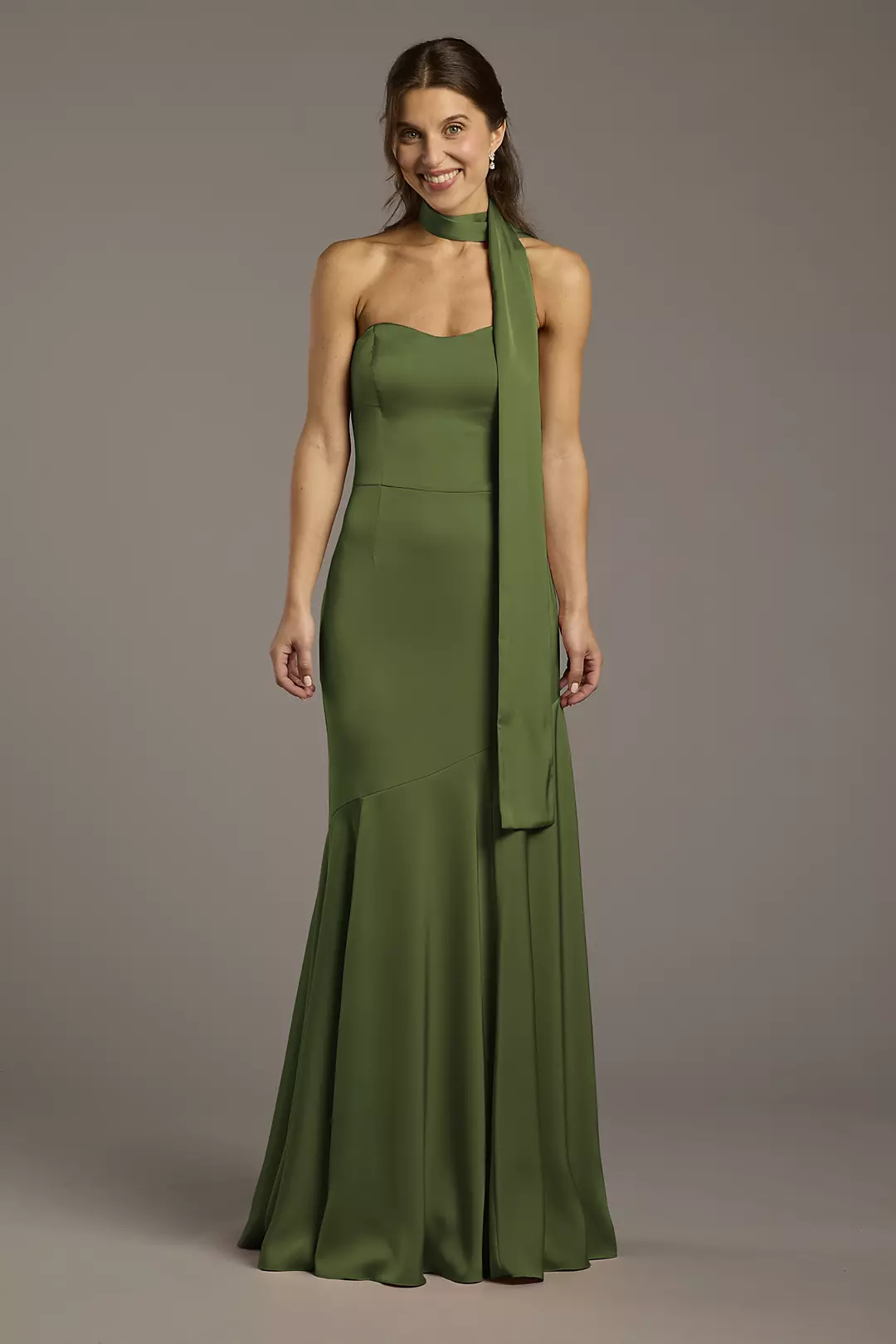 Matte Satin Strapless Sweetheart Dress with Scarf Dress - XNAUWBI