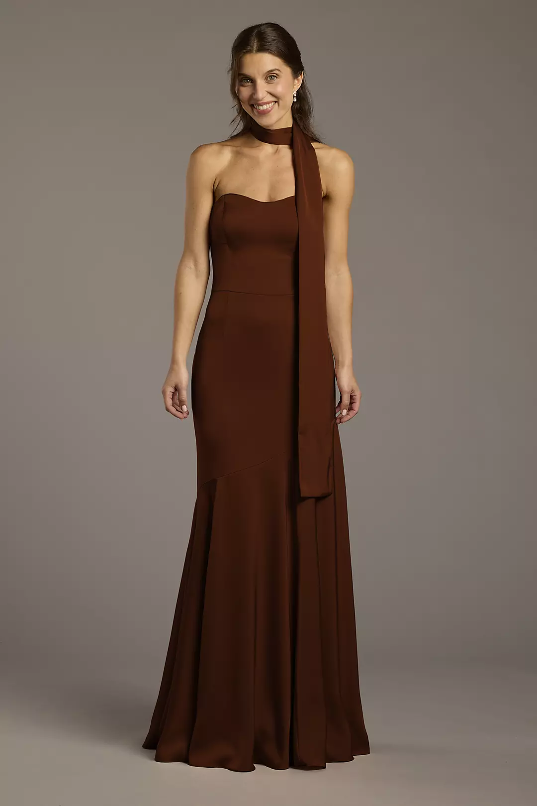 Matte Satin Strapless Sweetheart Dress with Scarf Dress - XNAUWBI