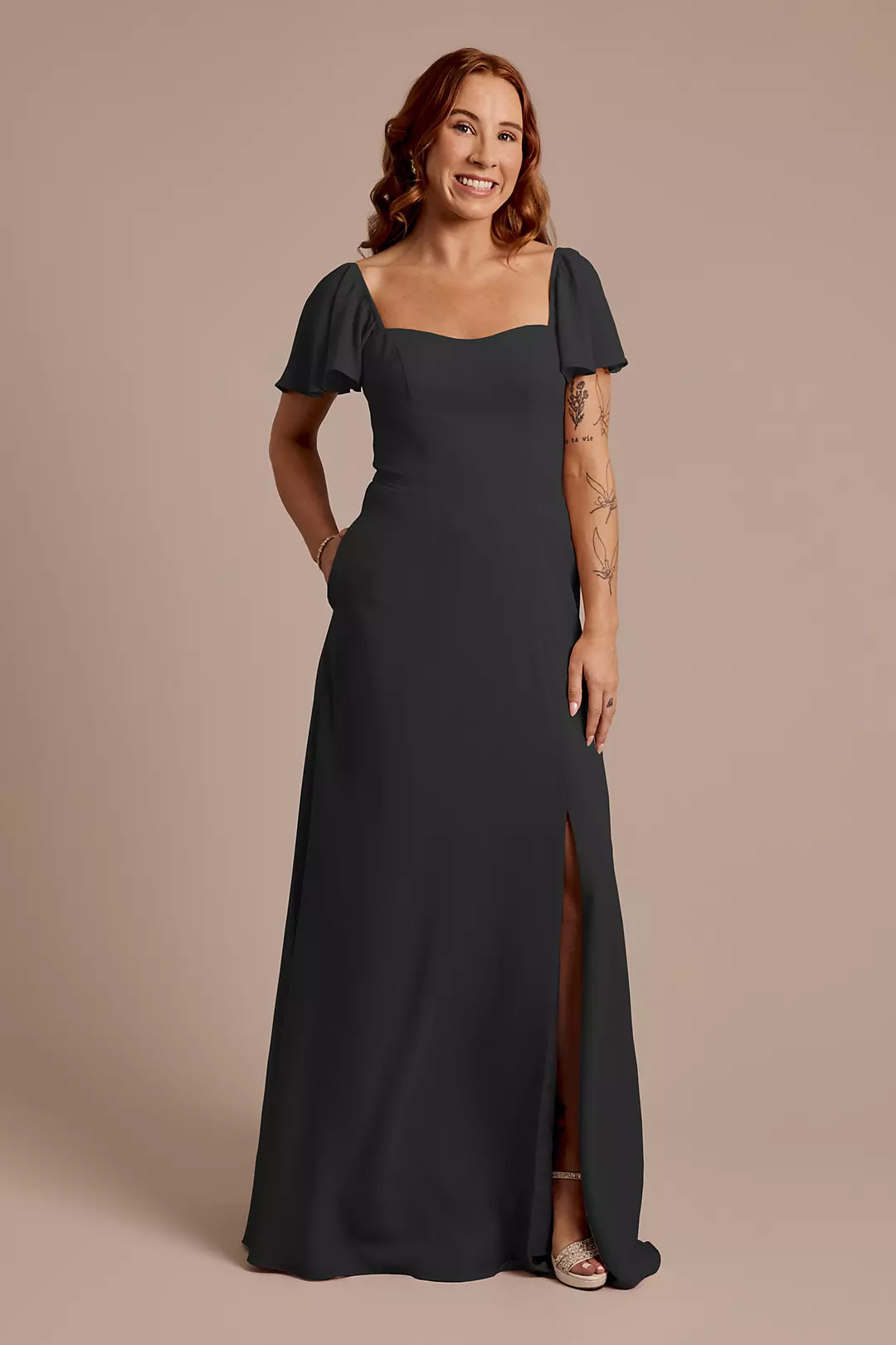 Chiffon Flutter Sleeve Dress with Basque Waist Dress - XNAUWBI