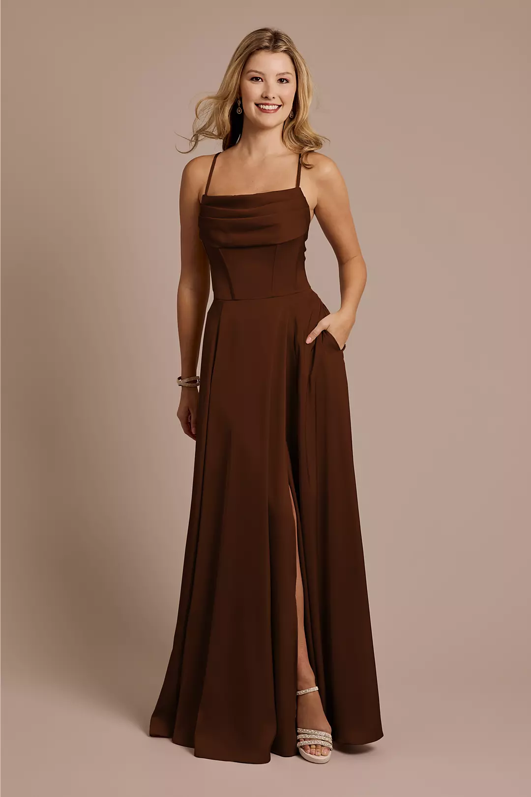 Matte Satin Cowl Neck Spaghetti Strap A-Line Dresses - XNAUWBI