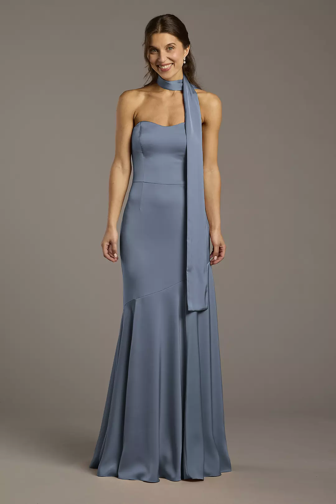Matte Satin Strapless Sweetheart Dress with Scarf Dress - XNAUWBI