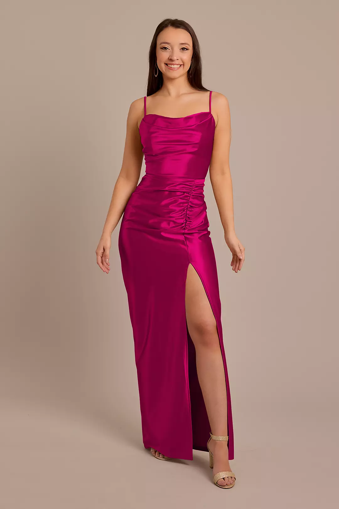 Sculpting Shiny Satin Cowl Neck Ruched Dresses - XNAUWBI