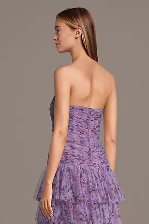 Tiered Net Strapless Drop Waist Floral Print Dresses - XNAUWBI