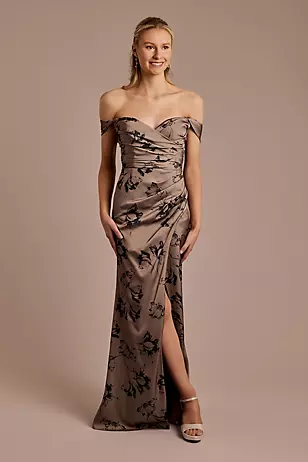 Floral Matte Satin Off-the-Shoulder Sheath Dresses - XNAUWBI