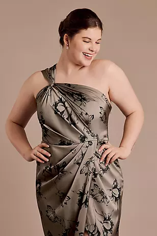 Floral Matte Satin Knotted One-Shoulder Dresses - XNAUWBI