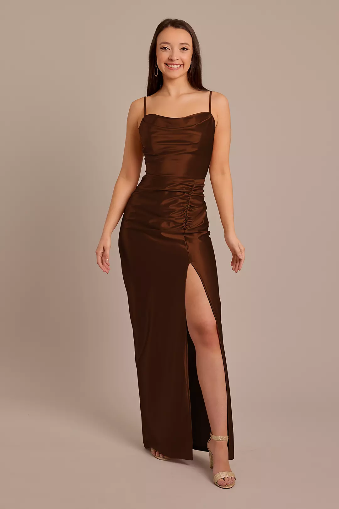 Sculpting Shiny Satin Cowl Neck Ruched Dresses - XNAUWBI