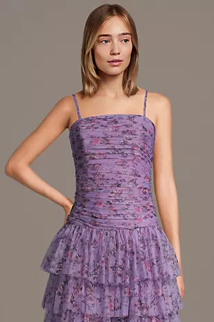 Tiered Net Strapless Drop Waist Floral Print Dresses - XNAUWBI