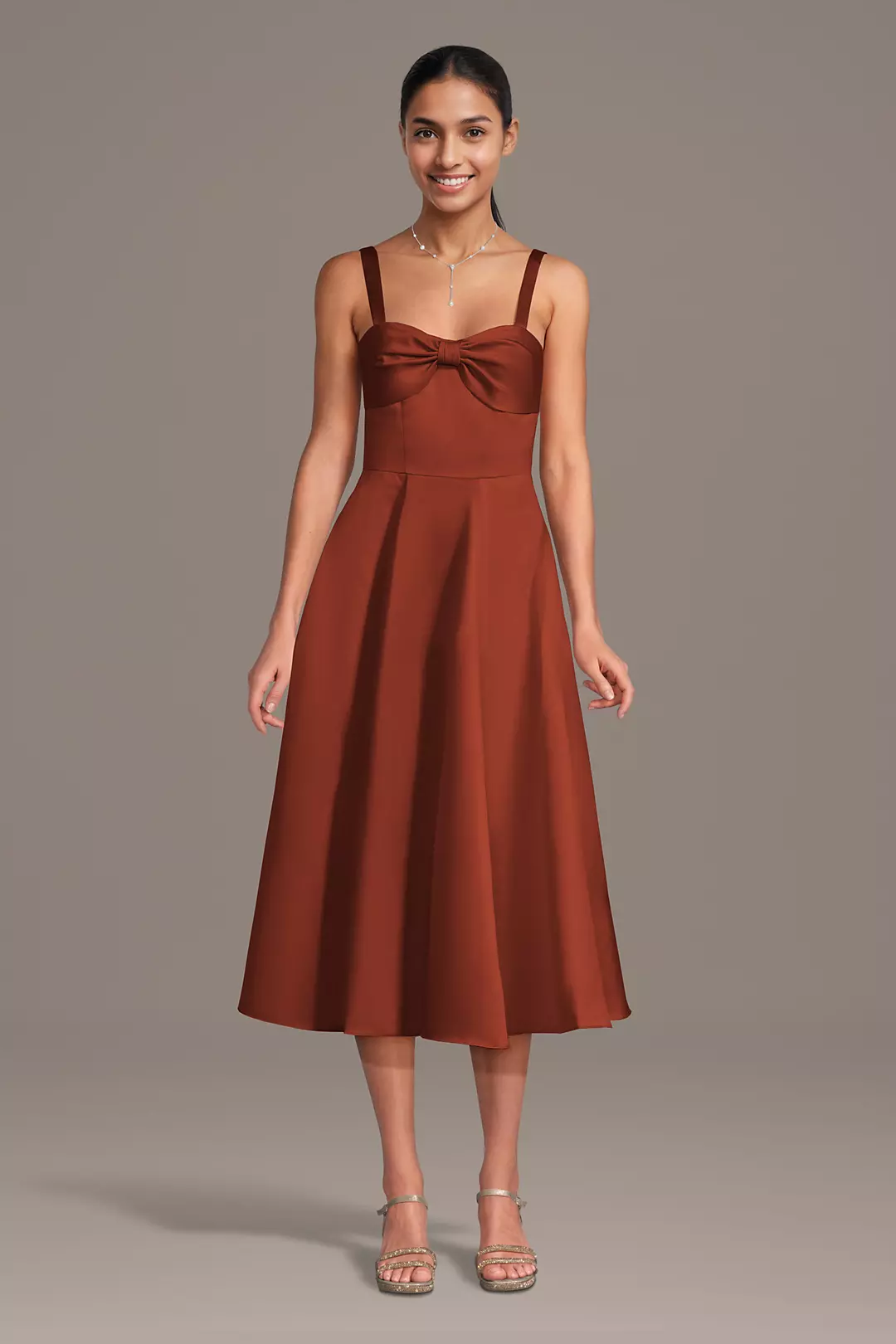 Satin Bow Neck Spaghetti Strap Midi Dresses - XNAUWBI