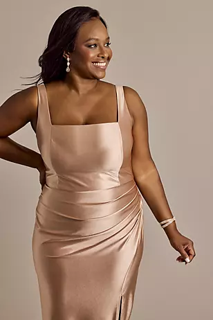 Sculpting Shiny Satin Square Neck Tank Dresses - XNAUWBI