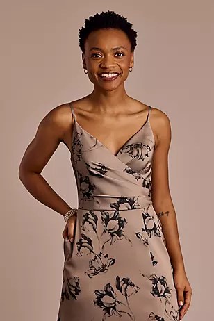 Floral Print Matte Satin Surplice A-Line Dress - XNAUWBI