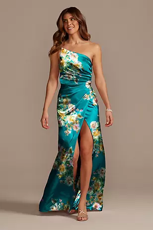 Floral Charmeuse Draped One-Shoulder Dresses - XNAUWBI