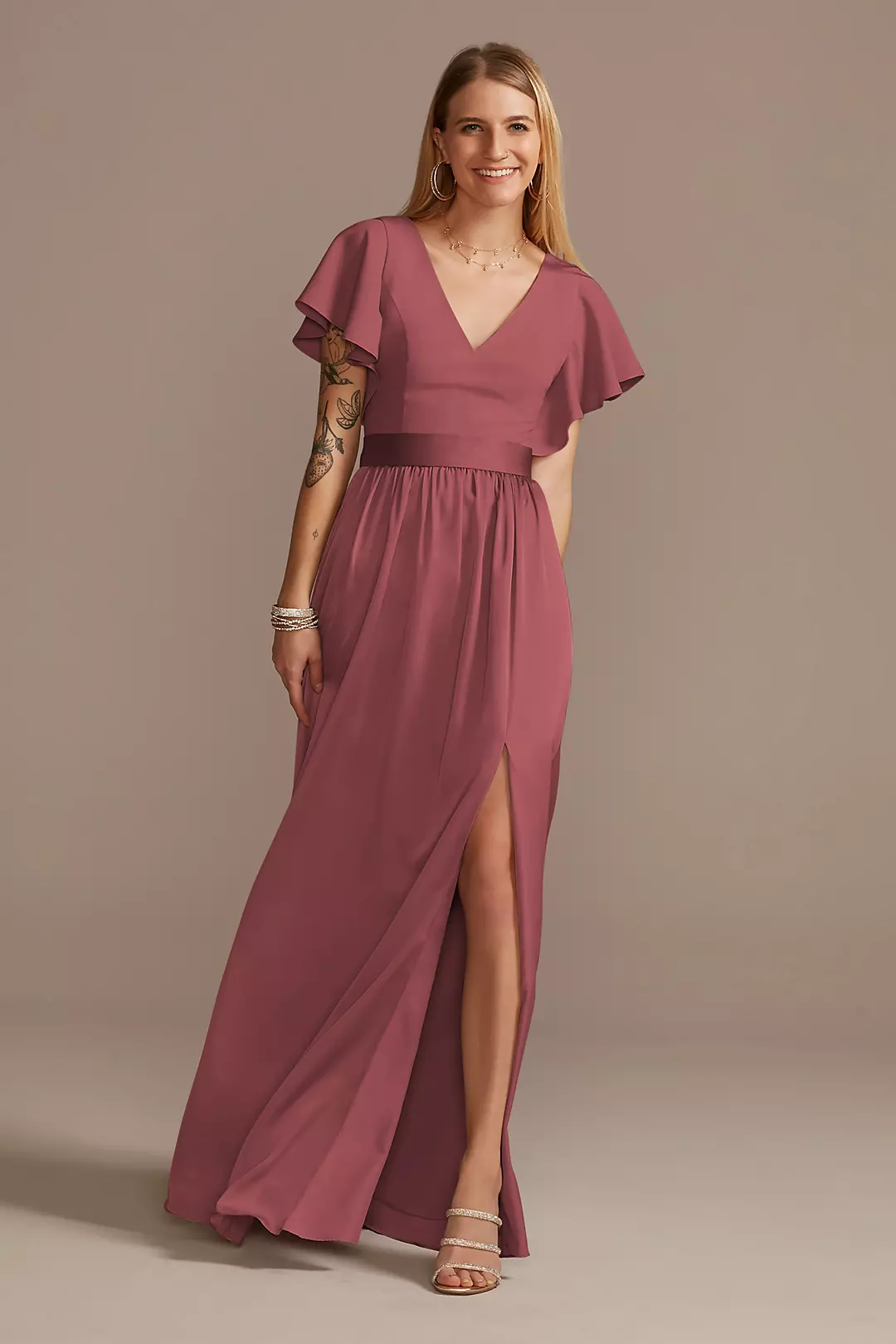 Flutter Sleeve Charmeuse Dresses - XNAUWBI