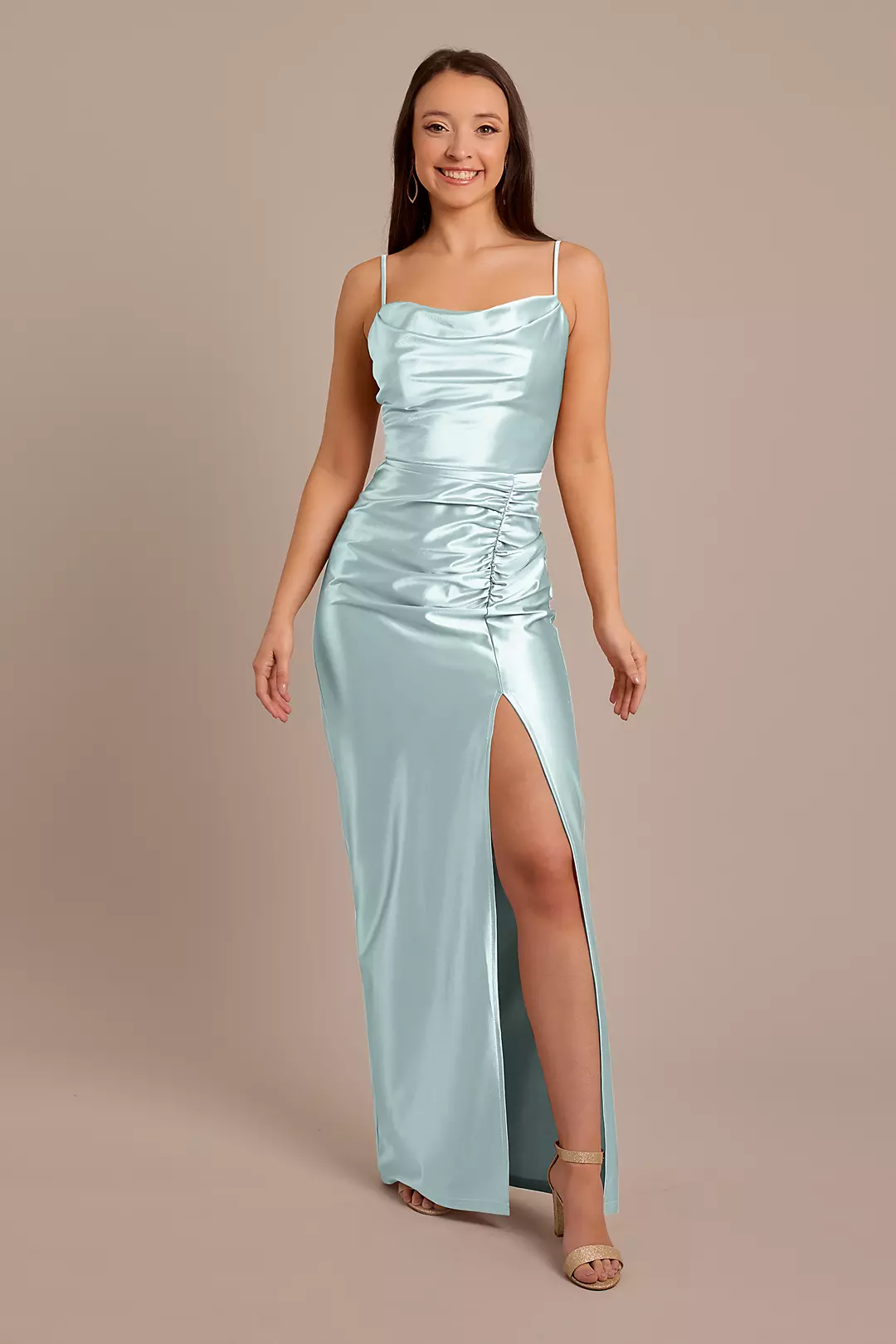 Sculpting Shiny Satin Cowl Neck Ruched Dresses - XNAUWBI
