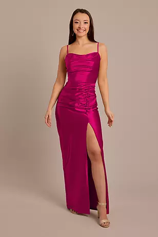 Sculpting Shiny Satin Cowl Neck Ruched Dresses - XNAUWBI