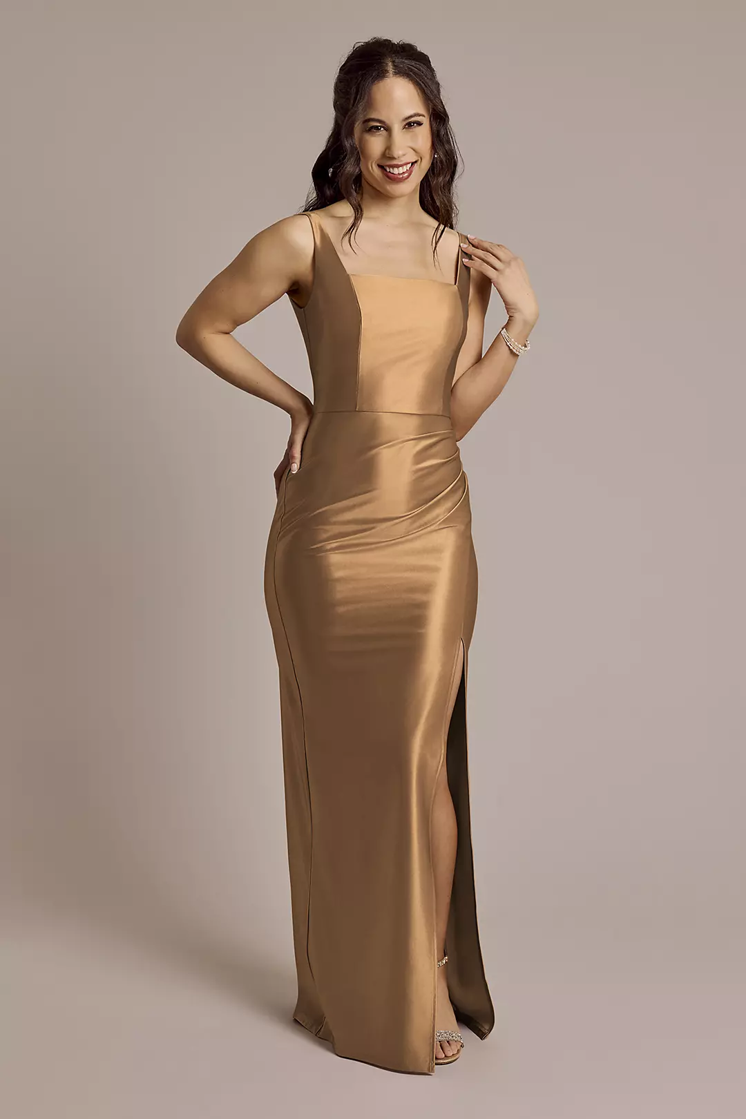 Sculpting Shiny Satin Square Neck Tank Dresses - XNAUWBI