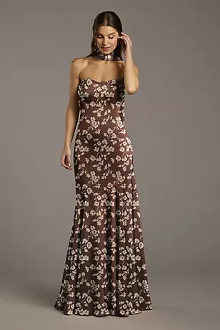 Floral Matte Satin Sweetheart Dress with Scarf Dress - XNAUWBI