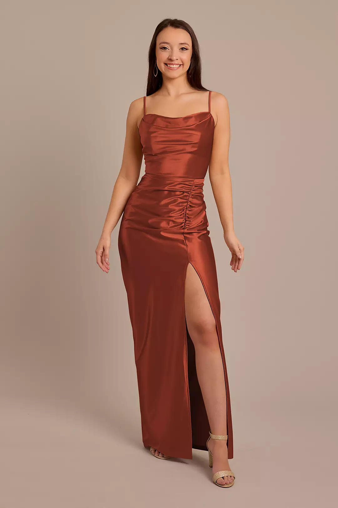 Sculpting Shiny Satin Cowl Neck Ruched Dresses - XNAUWBI