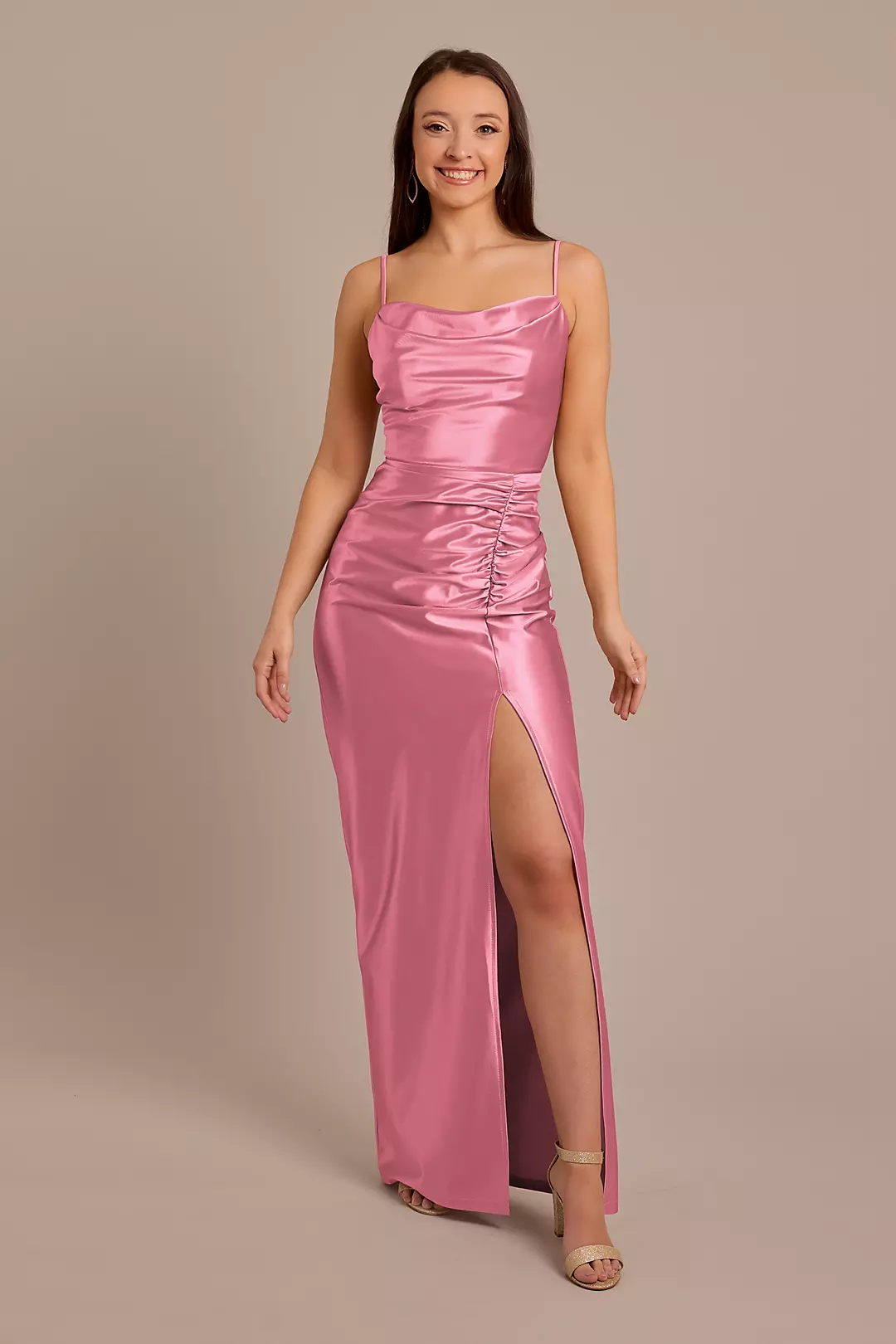 Sculpting Shiny Satin Cowl Neck Ruched Dresses - XNAUWBI