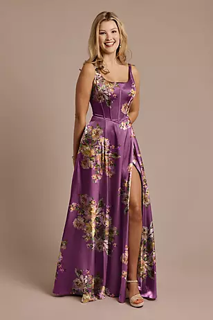 Floral Print Charmeuse Basque Waist Tank Dresses - XNAUWBI