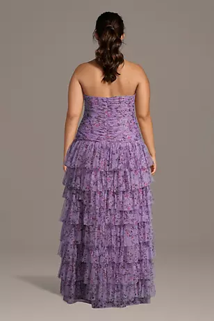 Tiered Net Strapless Drop Waist Floral Print Dresses - XNAUWBI