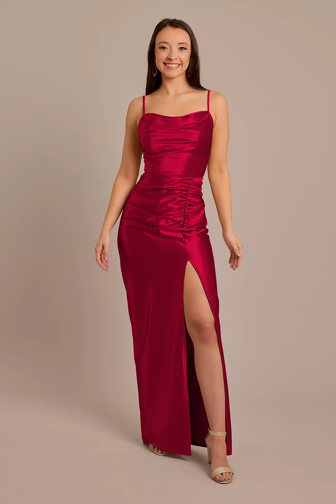Sculpting Shiny Satin Cowl Neck Ruched Dresses - XNAUWBI