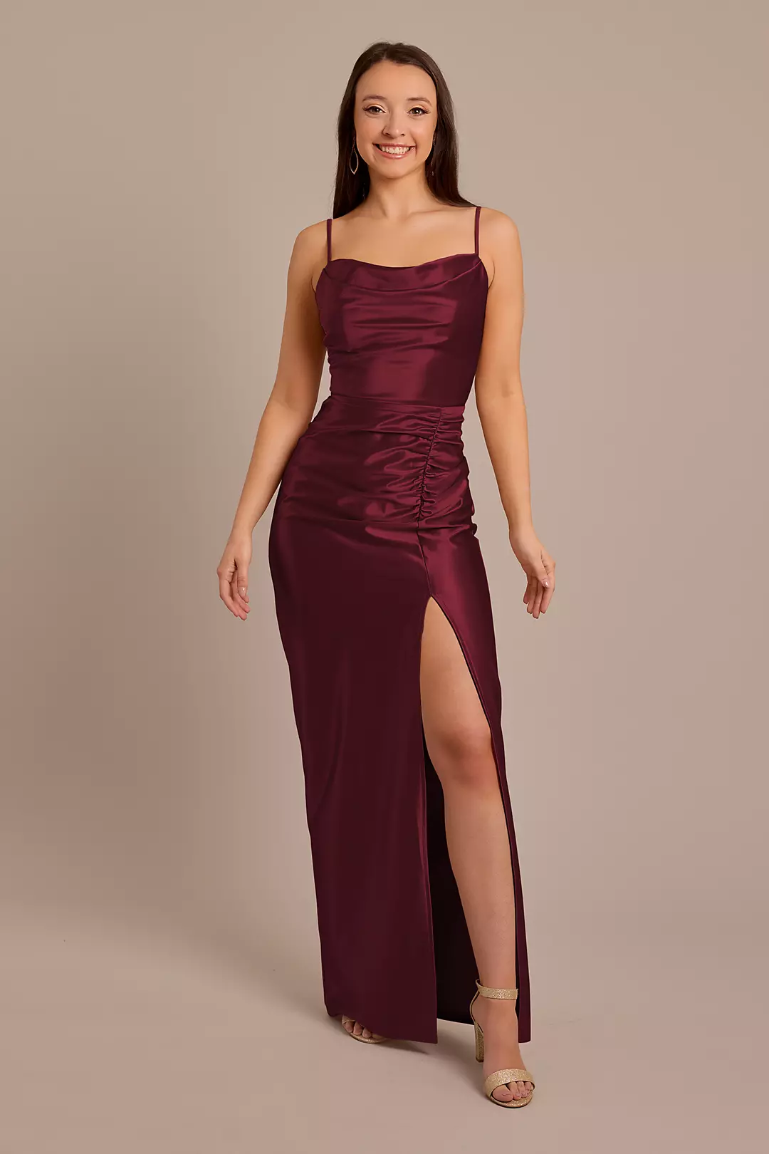 Sculpting Shiny Satin Cowl Neck Ruched Dresses - XNAUWBI