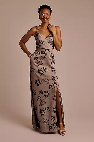 Floral Print Matte Satin Surplice A-Line Dress - XNAUWBI