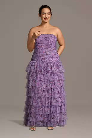 Tiered Net Strapless Drop Waist Floral Print Dresses - XNAUWBI