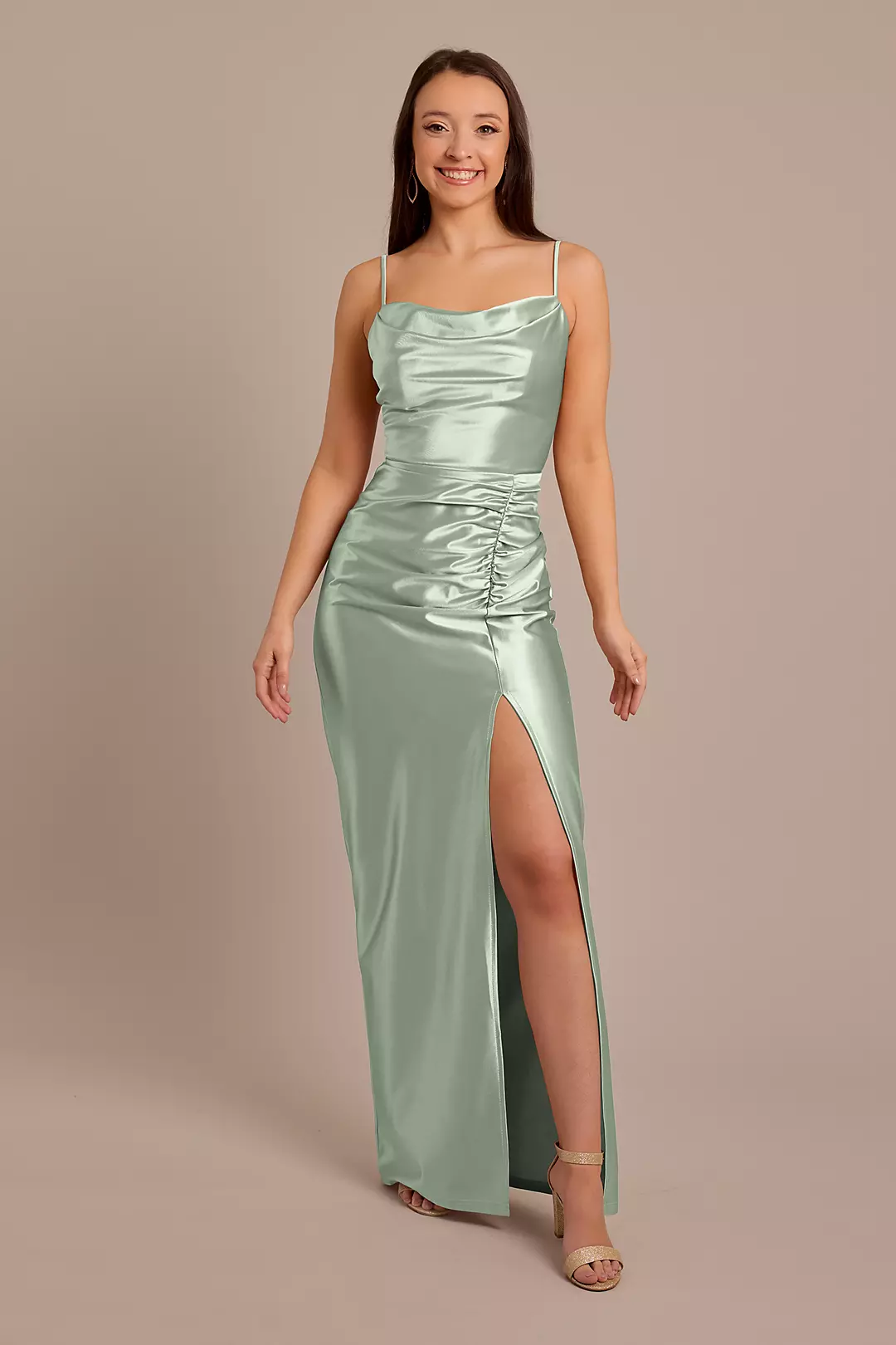 Sculpting Shiny Satin Cowl Neck Ruched Dresses - XNAUWBI