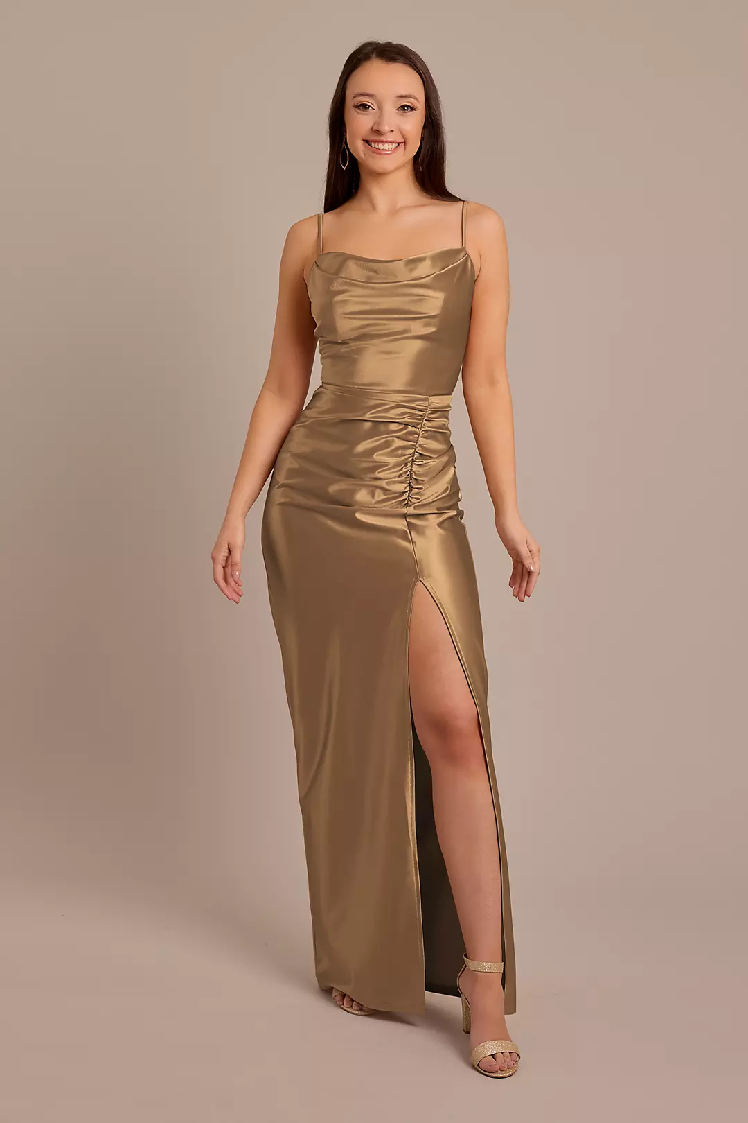 Sculpting Shiny Satin Cowl Neck Ruched Dresses - XNAUWBI