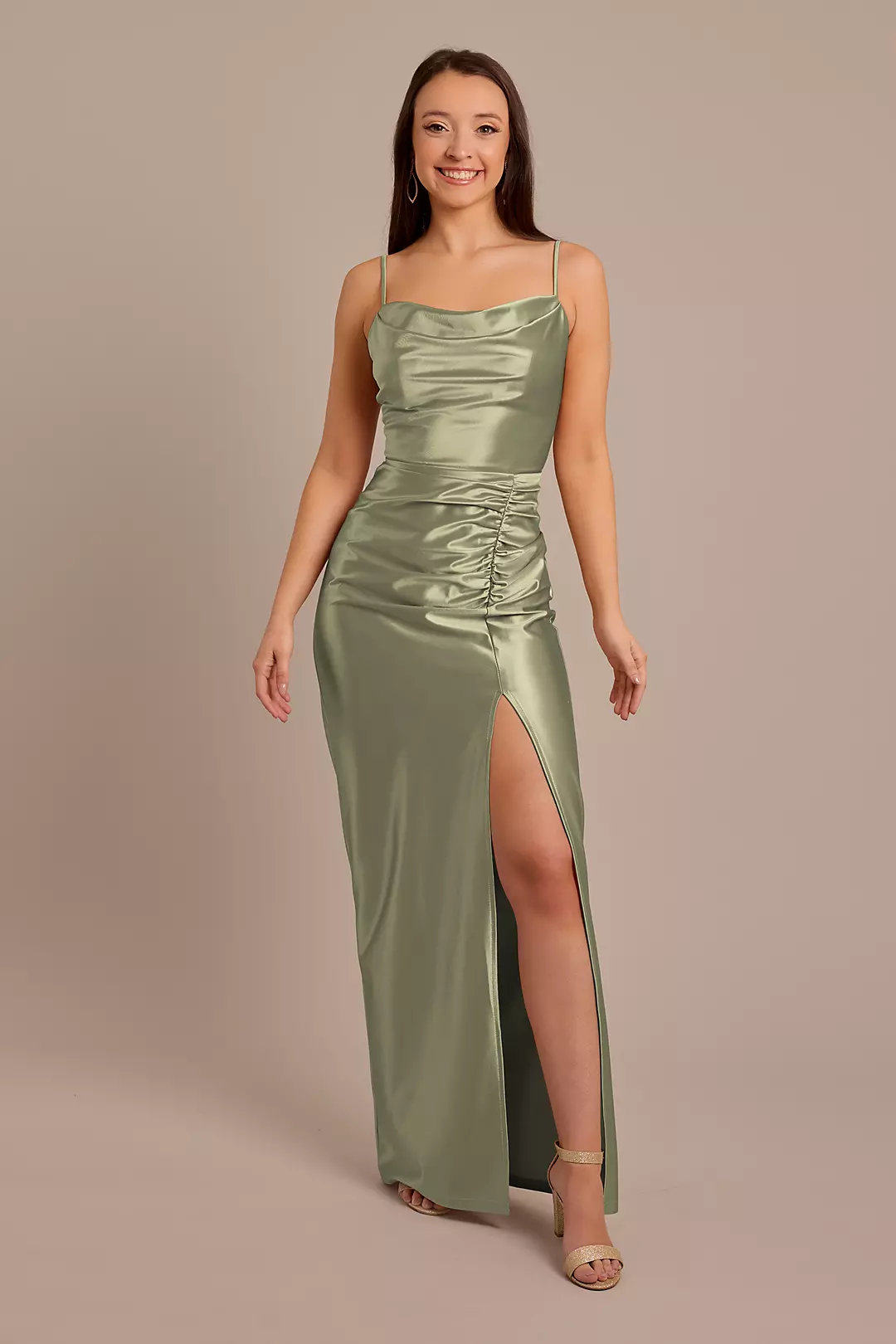 Sculpting Shiny Satin Cowl Neck Ruched Dresses - XNAUWBI