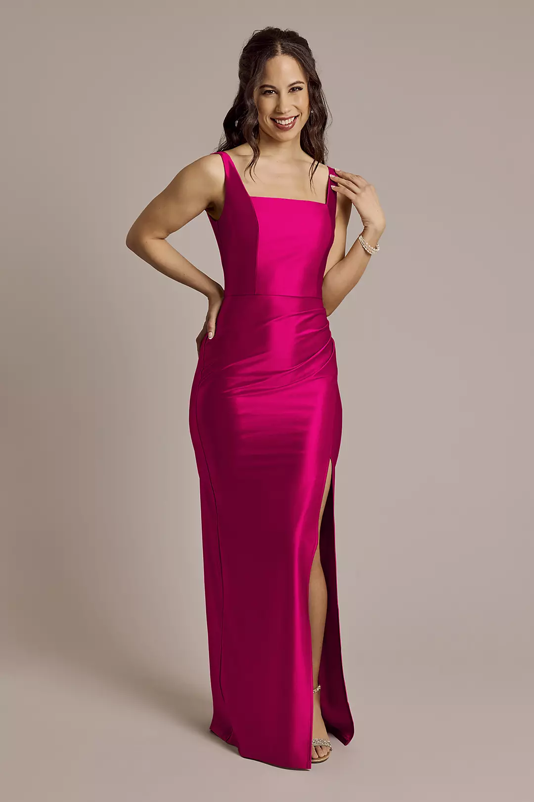 Sculpting Shiny Satin Square Neck Tank Dresses - XNAUWBI