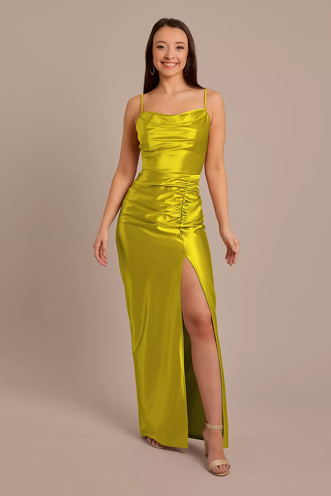 Sculpting Shiny Satin Cowl Neck Ruched Dresses - XNAUWBI