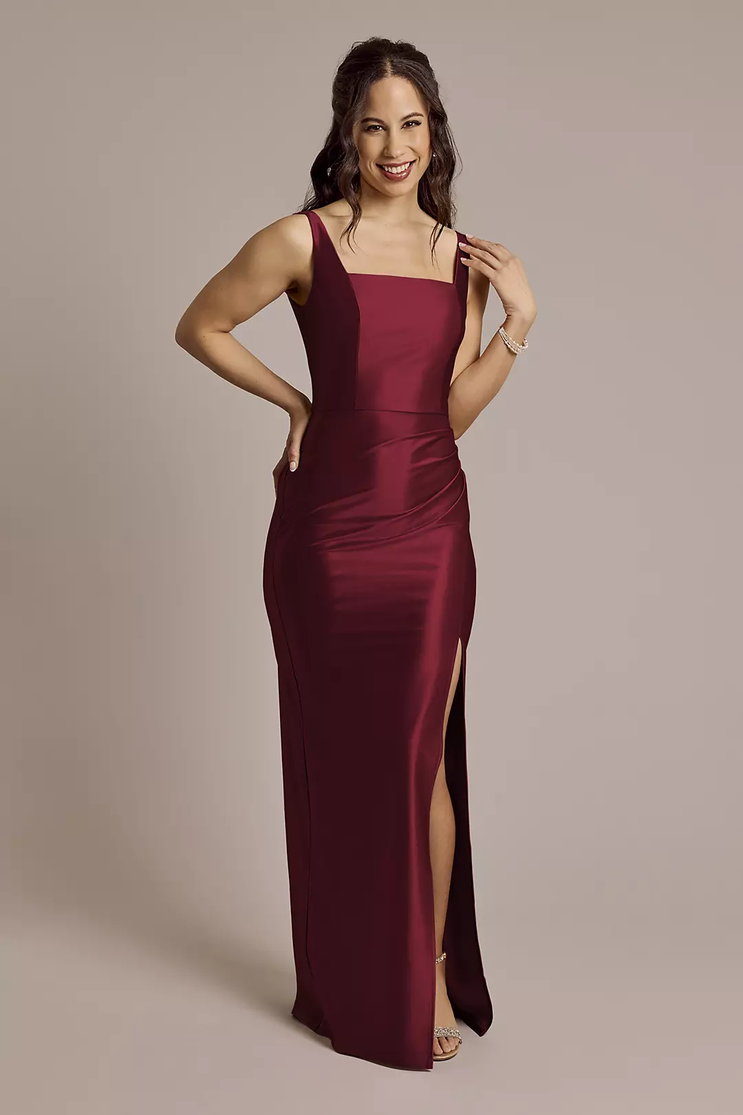 Sculpting Shiny Satin Square Neck Tank Dresses - XNAUWBI