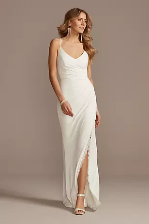 Ruched Skinny Strap Dress with Lace Slit Dress - XNAUWBI