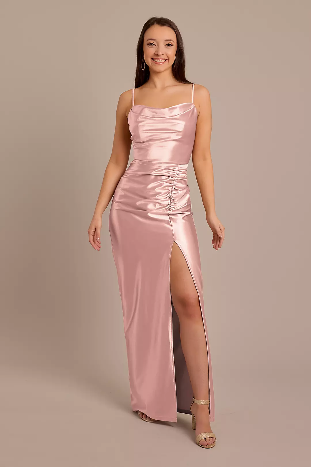 Sculpting Shiny Satin Cowl Neck Ruched Dresses - XNAUWBI