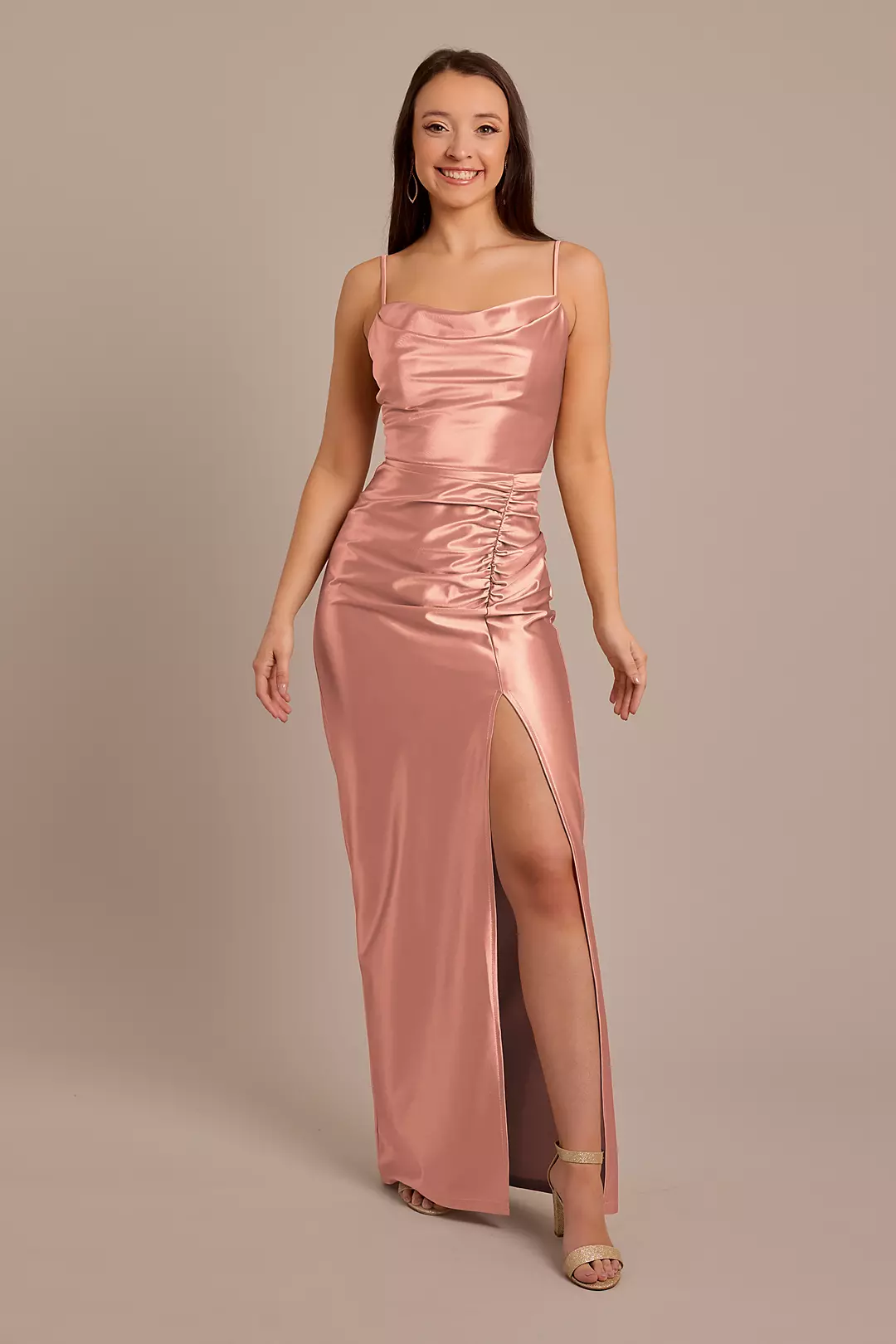 Sculpting Shiny Satin Cowl Neck Ruched Dresses - XNAUWBI