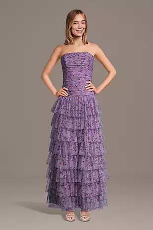 Tiered Net Strapless Drop Waist Floral Print Dresses - XNAUWBI