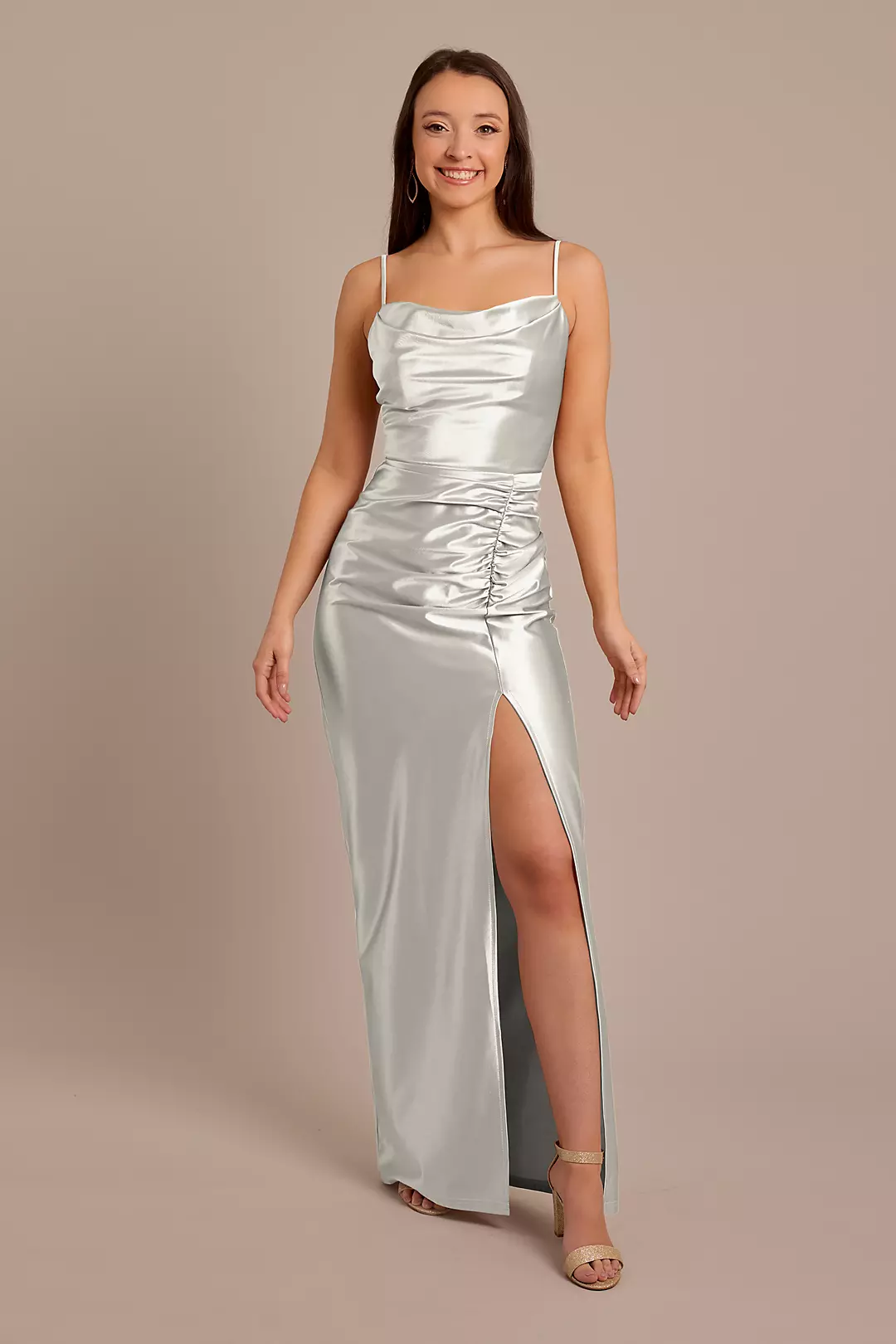 Sculpting Shiny Satin Cowl Neck Ruched Dresses - XNAUWBI